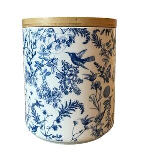 Grace Teaware Porcelain Canister w/ Wooden Lid Blue White Floral Bird NEW